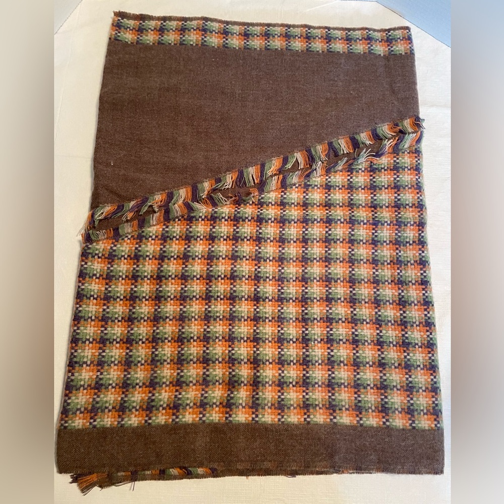 Womens Blanket Scarf or Wrap. Khaki With Multi Colored Design and Fringe. NIP